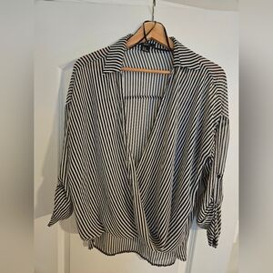 Sheer Black & White Vertical Striped Chiffon Top